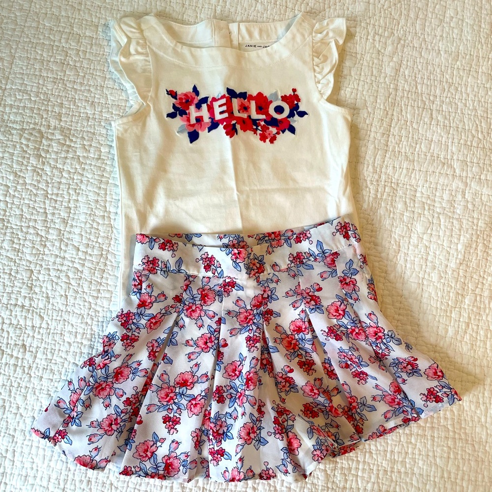 Janie and Jack floral shirt and skort outfit.